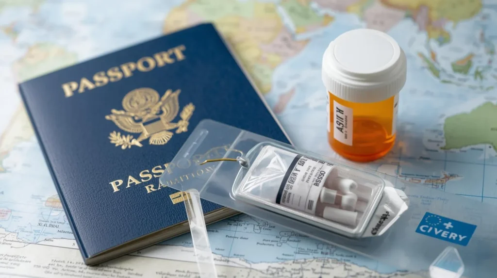 Australian traveler checking prescription medicine before flying to Thailand under Thai FDA regulations.